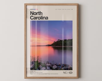 North Carolina Print, Real Photo Travel Art, North Carolina Poster, Mid Century Minimal Wall Art, North Carolina Map, USA