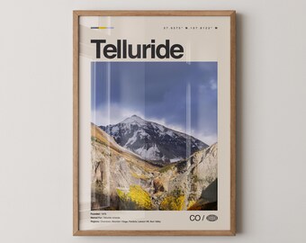 Impresión de Telluride, arte de viaje con fotos reales, póster de Telluride, arte mural minimalista de mediados de siglo, mapa de Telluride, Colorado n.° 3
