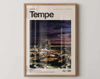 Impresión de Tempe, arte de viaje con fotos reales, póster de Tempe, arte mural minimalista de mediados de siglo, mapa de Tempe, Arizona n.° 1