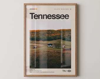 Impresión de Tennessee, arte de viaje con fotos reales, póster de Tennessee, arte mural minimalista de mediados de siglo, mapa de Tennessee, EE. UU. n.° 4