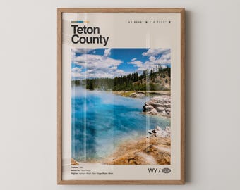 Impresión del condado de Teton, arte de viaje con fotos reales, póster del condado de Teton, arte mural minimalista de mediados de siglo, mapa del condado de Teton, Wyoming n.° 1