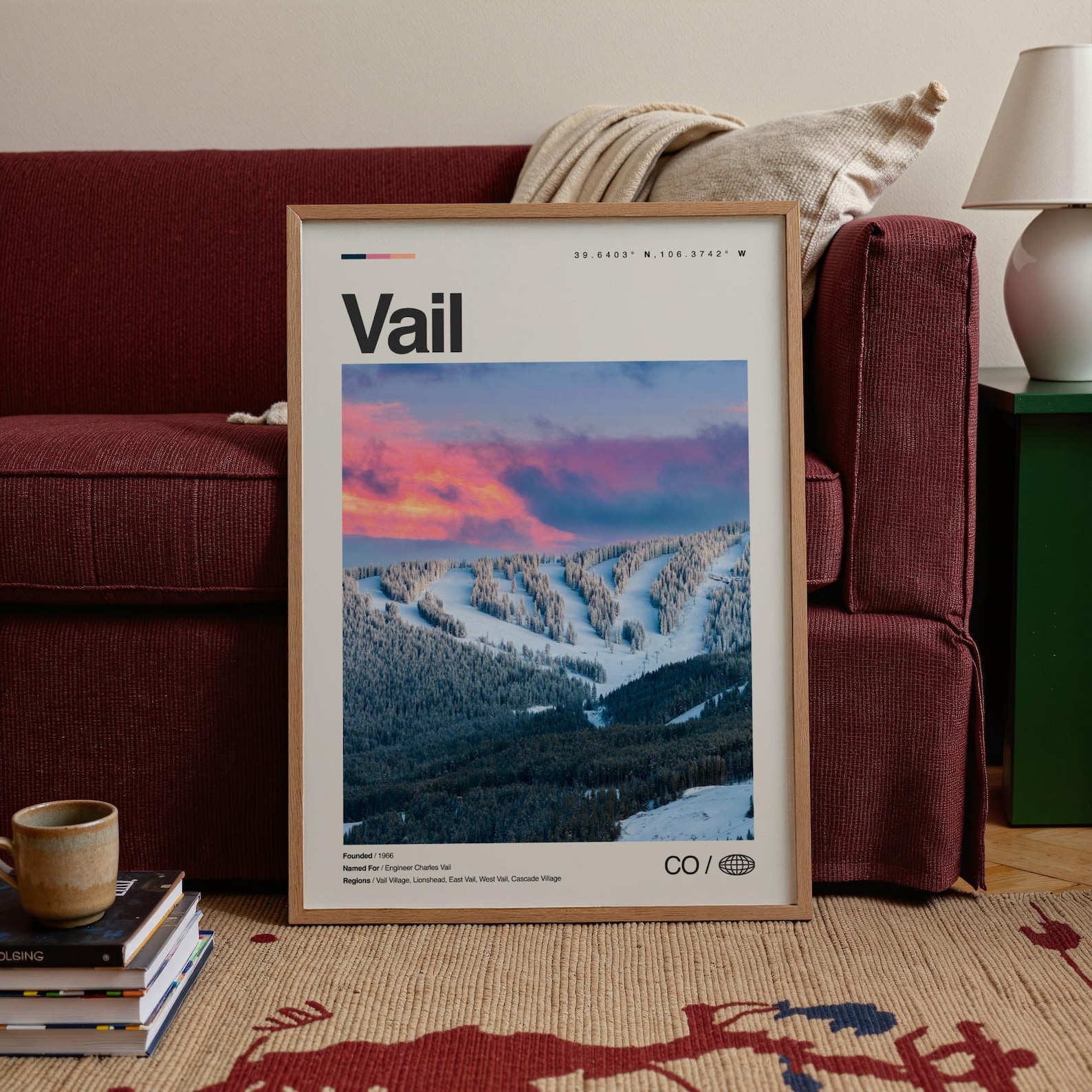 Vail Print, Real Photo Travel Art, Vail Poster, Mid Century Minimal Wall Art, Vail Map, Colorado Mountain Decor No.4 - Natural Wood Frame