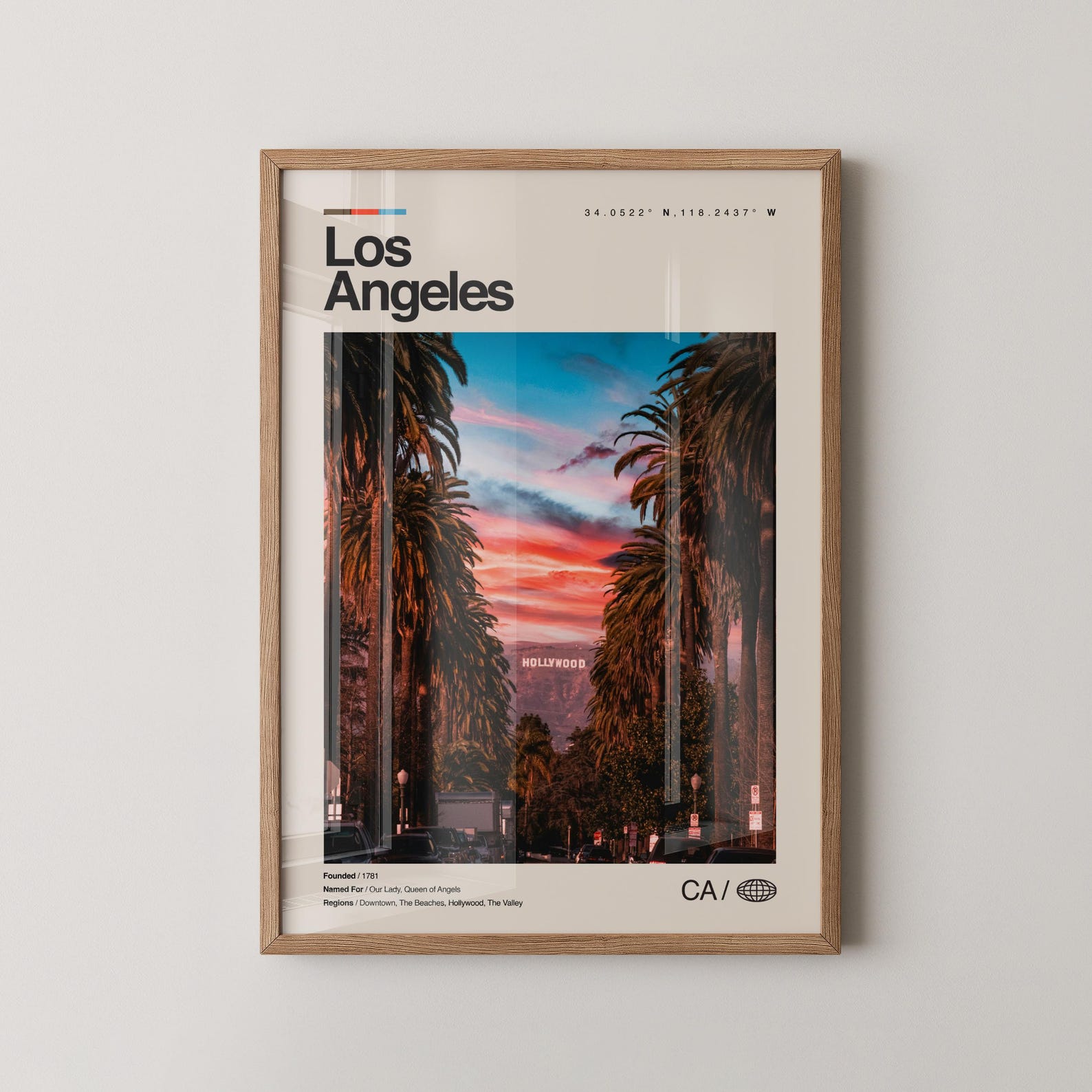 Los Angeles Print, Real Photo Travel Art, Los Angeles Poster, Mid Century Minimal Wall Art, Los Angeles Map, California - Natural Wood Frame, 20x28 in | 50x70 cm
