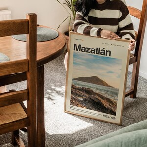May include: A framed print with a photograph of a rocky coastline and ocean. The print has the text "Mazatl&aacute;n" and "MEX" in the bottom right corner.