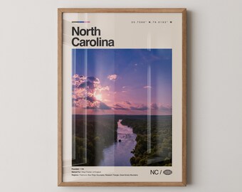 North Carolina Print, Real Photo Travel Art, North Carolina Poster, Mid Century Minimal Wall Art, North Carolina Map, USA
