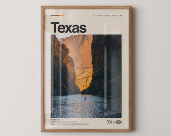 Impresión de Texas, arte de viaje con fotos reales, póster de Texas, arte mural minimalista de mediados de siglo, mapa de Texas, EE. UU. n.° 4