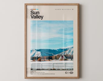 Impresión de Sun Valley, arte de viaje con fotos reales, póster de Sun Valley, arte mural minimalista de mediados de siglo, mapa de Sun Valley, Idaho n.° 3