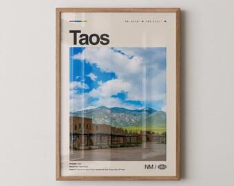 Impresión de Taos, arte de viaje con fotos reales, póster de Taos, arte mural minimalista de mediados de siglo, mapa de Taos, Nuevo México n.° 1