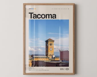 Impresión de Tacoma, Arte de viaje con fotos reales, Póster de Tacoma, Arte mural minimalista de mediados de siglo, Mapa de Tacoma, Washington n.° 3