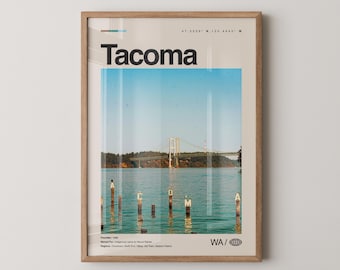 Impresión de Tacoma, Arte de viaje con fotos reales, Póster de Tacoma, Arte mural minimalista de mediados de siglo, Mapa de Tacoma, Washington n.° 2