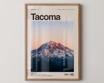 Impresión de Tacoma, Arte de viaje con fotos reales, Póster de Tacoma, Arte mural minimalista de mediados de siglo, Mapa de Tacoma, Washington n.° 1