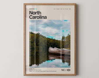 North Carolina Print, Real Photo Travel Art, North Carolina Poster, Mid Century Minimal Wall Art, North Carolina Map, USA