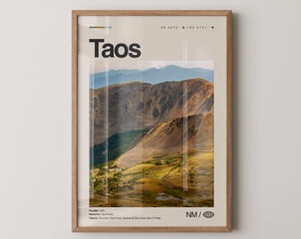 Impresión de Taos, arte de viaje con fotos reales, póster de Taos, arte mural minimalista de mediados de siglo, mapa de Taos, Nuevo México n.° 2