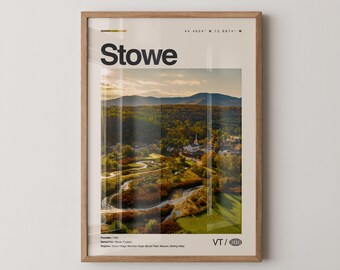 Impresión de Stowe, arte de viaje con fotos reales, póster de Stowe, arte mural minimalista de mediados de siglo, mapa de Stowe, Vermont n.° 1