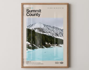 Impresión del condado de Summit, arte de viaje con fotos reales, póster del condado de Summit, arte mural minimalista de mediados de siglo, mapa del condado de Summit, Colorado