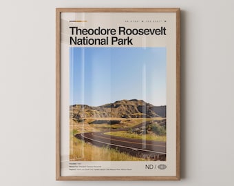 Impresión del Parque Nacional Theodore Roosevelt, Arte de viaje con fotos reales, Póster de Theodore Roosevelt, Arte mural minimalista de mediados de siglo, Dakota del Norte n.° 3