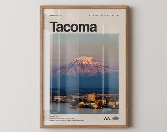 Impresión de Tacoma, Arte de viaje con fotos reales, Póster de Tacoma, Arte mural minimalista de mediados de siglo, Mapa de Tacoma, Washington n.° 4