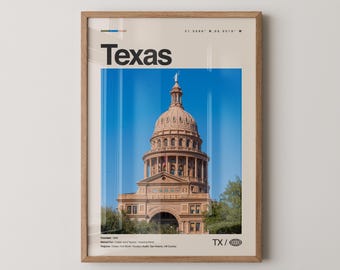 Impresión de Texas, arte de viaje con fotos reales, póster de Texas, arte mural minimalista de mediados de siglo, mapa de Texas, EE. UU. n.° 5