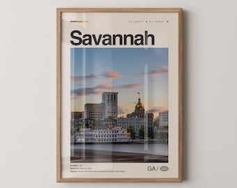 Savannah Print, Real Photo Travel Art, Savannah Poster, Mid Century Minimal Wall Art, Savannah Map, Georgia