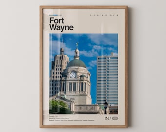Impression de Fort Wayne, vraie photo d'art de voyage, affiche de Fort Wayne, art mural minimal du milieu du siècle, carte de Fort Wayne, Indiana