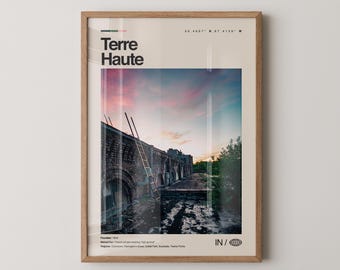 Impresión de Terre Haute, Arte de viaje con fotos reales, Póster de Terre Haute, Arte mural minimalista de mediados de siglo, Mapa de Terre Haute, Indiana