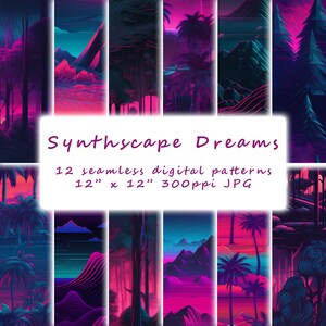 12 Synthscape Dreams シームレス パターン、シンセウェーブ ランドスケープ、デジタル ペーパー、自宅で印刷、デジタル ダウンロード、レトロ フューチャリスティック、ネオン シーン