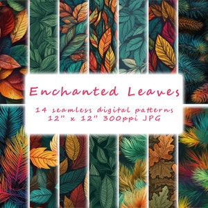 14 Enchanted Leaves Digital Seamless Patterns, Leaves Digital Paper, Leaves Pattern, Scrapbook Paper, Instant Download, Digital Download