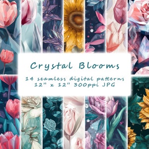 Puede incluir: Un collage digital de 14 patrones sin costuras que presentan diseños florales en un estilo cristalino. Los patrones incluyen girasoles, rosas y tulipanes en tonos de rosa, azul, verde y amarillo. El texto "Crystal Blooms 14 seamless digital patterns 12" x 12" 300ppi JPG" se muestra en el centro del collage.