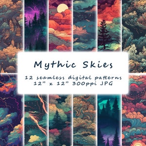 Puede incluir: Un conjunto de 12 patrones digitales sin costuras que presentan nubes coloridas y remolinos y elementos celestiales. Los patrones miden 30,48 cm por 30,48 cm y 300 píxeles por pulgada. El texto "Mythic Skies" se muestra en el centro de la imagen.