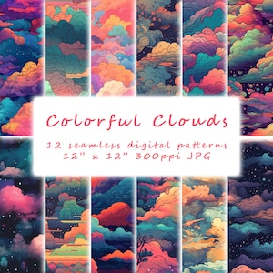 12 Colorful Clouds Digital Seamless Pattern, Clouds Digital Paper, Digital Pattern, Scrapbook Paper, Instant Download, Digital Download