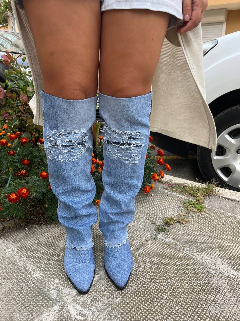 Women Cowboy Boots Blue Jeans Boho Knee High Denim Canvas Etsy