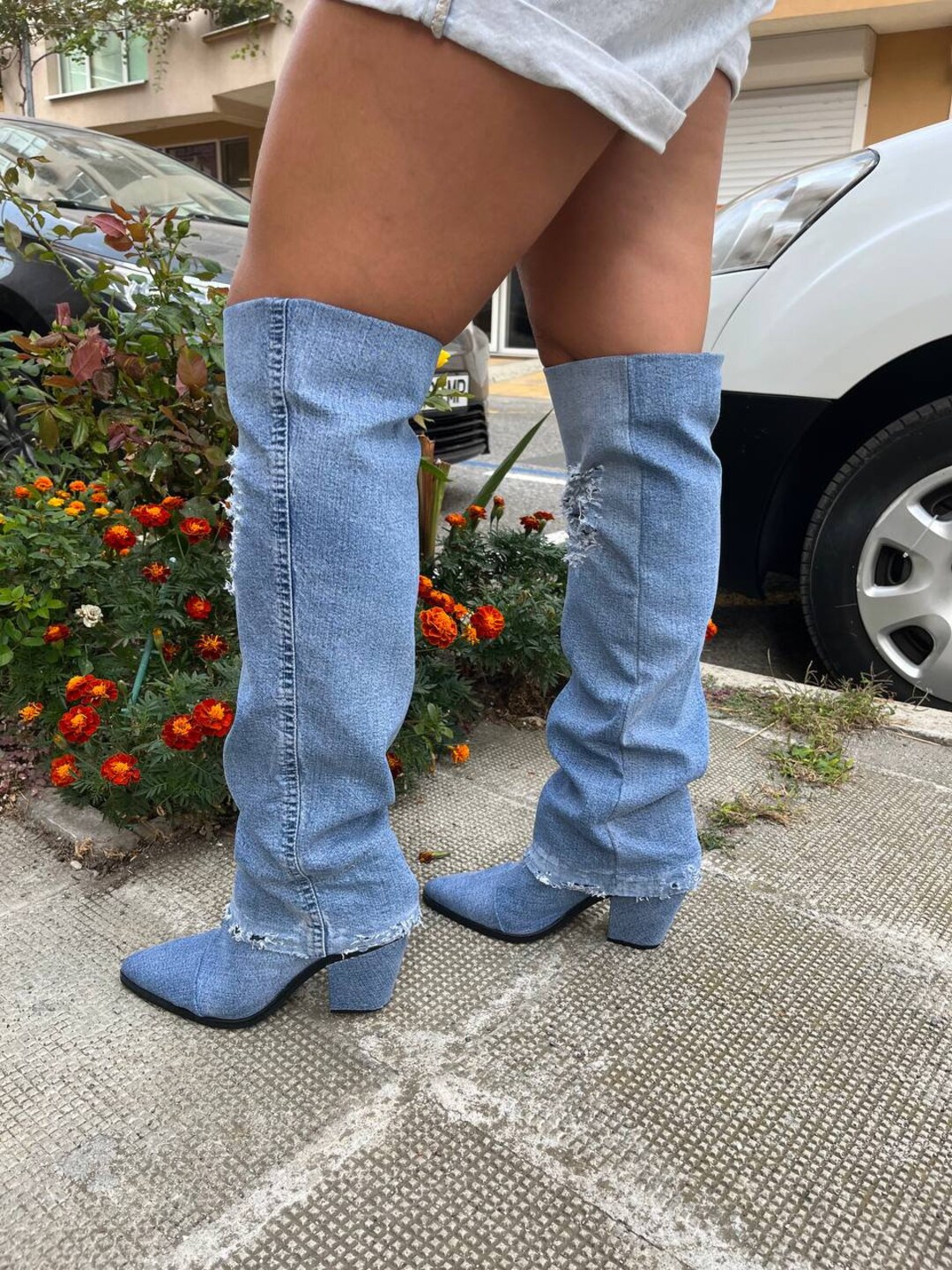 Women Cowboy Boots Blue Jeans Boho Knee High Denim Canvas Etsy
