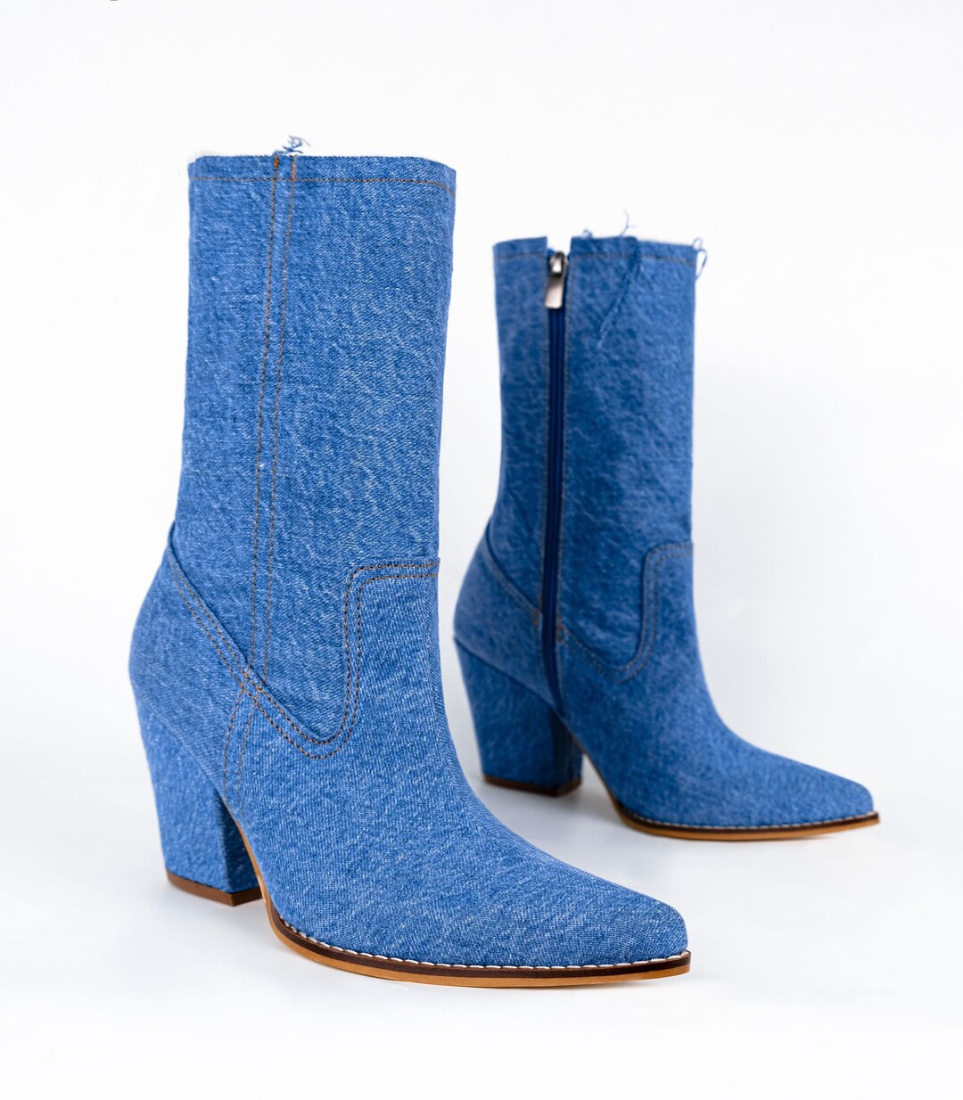 Women Cowboy Boots Blue Jeans Boho Knee High Denim Canvas Etsy