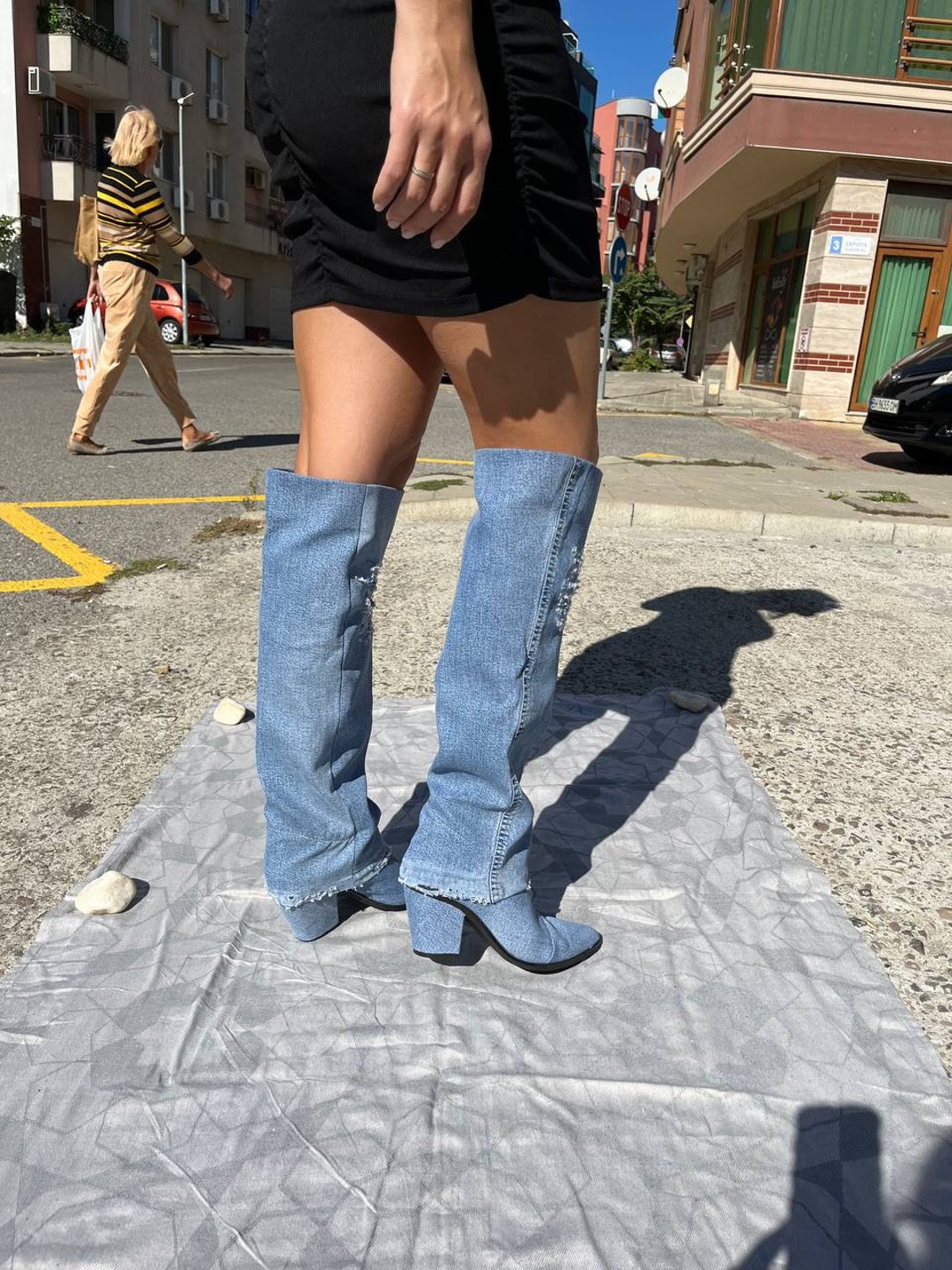 Women Cowboy Boots Blue Jeans Boho Knee High Denim Canvas Etsy