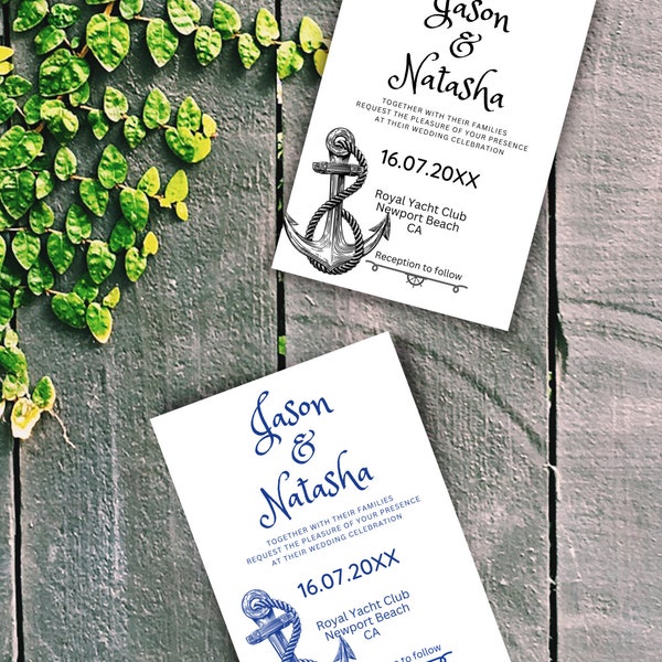 Marine Black anchor Wedding Invitation, Black Nautical Wedding Invitation Template, Printable, Template download, Editable on Canva