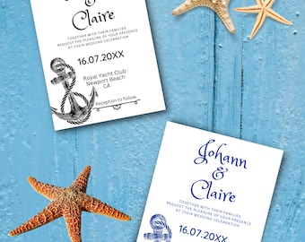 Faire-part de mariage ancre bleu marine, modèle de faire-part de mariage nautique bleu, faire-part de mariage océan imprimable, téléchargement de modèle.