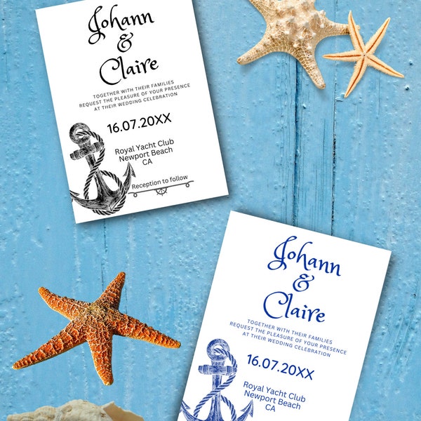 Marine Blue anchor  Wedding Invitation, Blue Nautical Wedding Invitation Template, Ocean Wedding Invitation Printable, Template download.