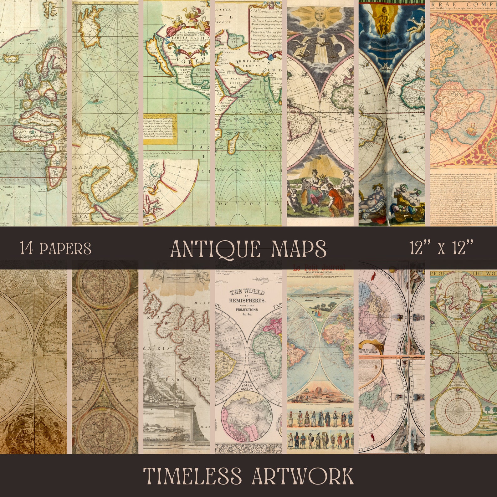 Vintage World Maps Scrapbook Paper Set / Antique Atlas Pages and Travel ...