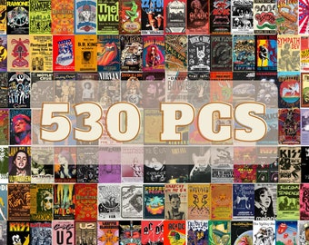 May include: A collage of 530 vintage concert posters featuring various rock bands and musicians. The posters are arranged in a grid pattern and include bands such as The Beatles, AC/DC, U2, and KISS.