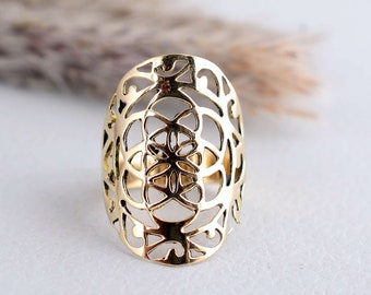 Flower of Life, Long Ring, Chunky Statement Jewelry, gold brass Ring for Women, Boho Bohemian Rings, Wide Large Full Finger Big ring