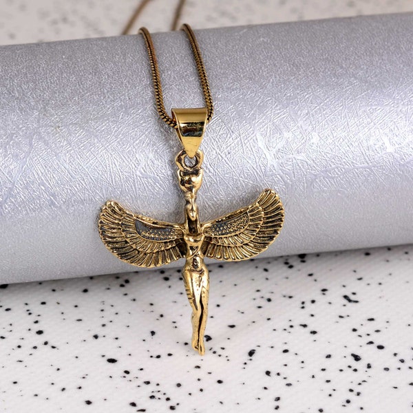 Gold Goddess Isis Jewelry, Ancient Winged Isis Pendant,  Handcrafted Egyptian Art Necklace, Isis Pendant Marriage Anniversary Gift For Wife