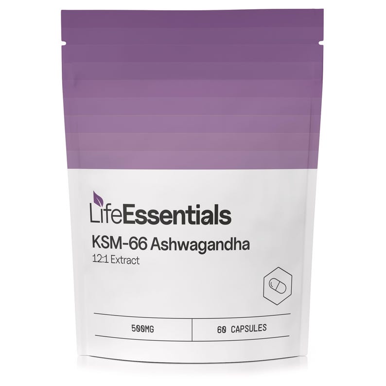 May include: White pouch with purple top, labeled "LifeEssentials KSM-66 Ashwagandha 12:1 Extract 500MG 60 CAPSULES".