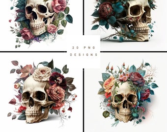 Skull with Flowers Clipart, Skull Design Scrapbook Picture, PNG Clipart, Instant Download Clipart Picture, Beautiful Skull Art