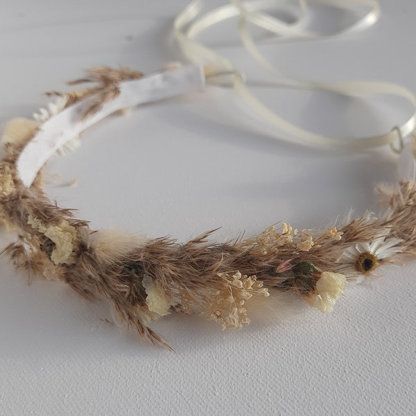 Vintage daisy wedding hair, simple dried flower crown, brown pampas grass boho hair piece, rustic headband