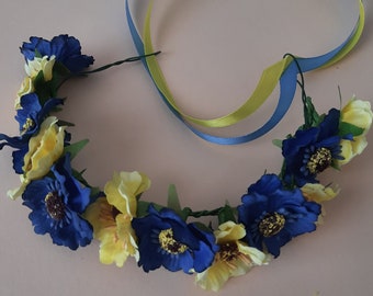Ukrainisches Stirnband, blau und gelbes Haarteil, Krone mit künstlichen Blumen