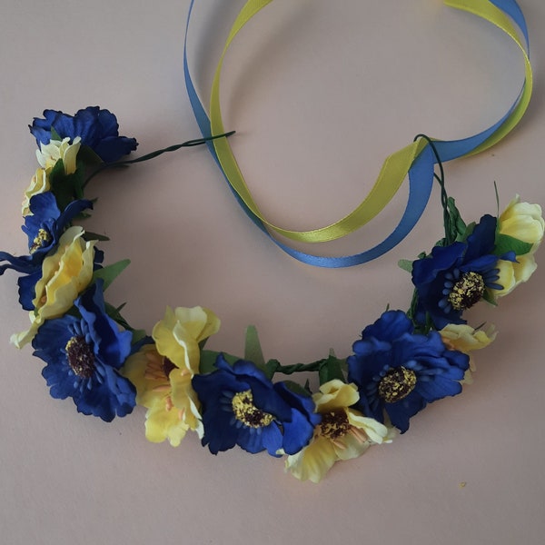 Ukrainisches Stirnband, blau und gelbes Haarteil, Krone mit künstlichen Blumen