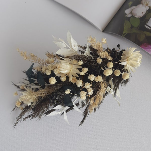 Black and White boho wedding Hair Comb, Dried Flower Bridal Hair Accessory, pampas grass hairpiece, babys breath, eucalyptus headband