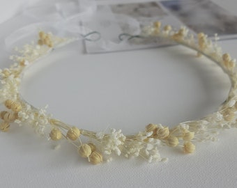 White dried flower crown for wedding, floral crown for bride, rustic hair accessories, preserved babys breath headband