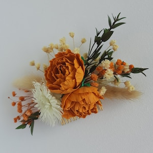 Burnt orange wedding hair comb with dried and fake lowers,  champagne and orange bridal hair accessory for Rustic, Vintage Inspired Wedding