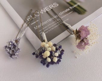 Set di 3 forcine per capelli con fiori secchi di lavanda, fiori secchi per matrimonio boho, pezzo di capelli romantico